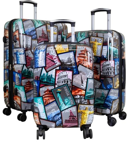 Trendyshop365 Koffer-Set 3-teilig Hartschale - bunt Motiv Weltreise Rio Athen Paris