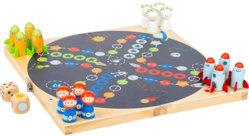 small foot Ludo Space aus Holz, Brettspiel in Klappbox, mit Farb-Würfel und Weltraumfiguren, ab 4 Jahren, 11452