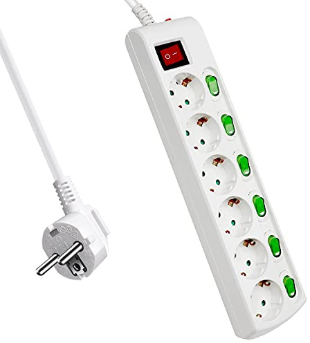 EXTRASTAR 6 Fach Steckdosenleiste Haupt+Einzelschalter & Kindersicherung | 2m Kabel, 3G1.5mm², 16A/230V, 3680W, Mehrfachsteckdose für Büro und Zuhause, Weiß