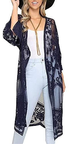 FSMO Damen Cardigan Lange Kleid Spitze Blumen Sommer Kimono Pareo Bikini Cover Up Leichte Jacke Strandkleid (Einheitsgröße, Dunkelblau)