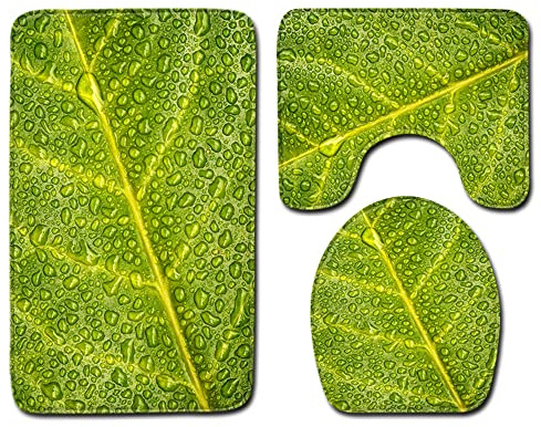 FANSU Lot de 3 Tapis Salle de Bain, Tapis de Bain Antiderapant et Tapis Contour WC Absorbants Lavable Doux Couverture de Toilette Siège pour Baignoire,Douche (45x75cm,Feuilles Vertes)