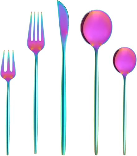 Bestdin Juego de cubiertos para 6 personas, 30 piezas, cubiertos multicolor, juego de cubiertos con cuchillo tenedor, cubiertos de acero inoxidable de, apto para lavavajillas