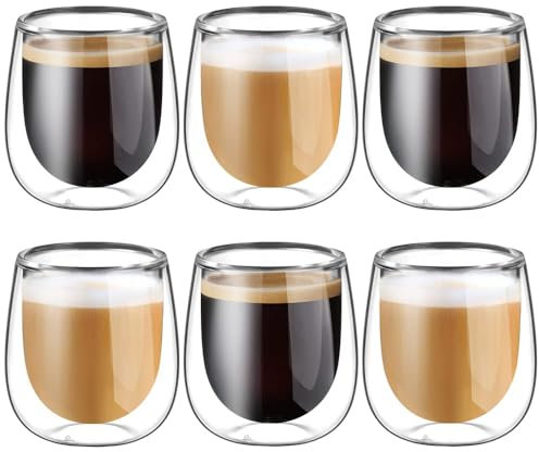 glastal 6 * 100ml (4oz) Tazza Caffè Doppio Vetro Borosilicato,Bicchieri da Espresso a Doppia Parete Trasparente,Tazzine Vetro Doppio per Tè, Caffè