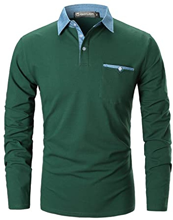 GHYUGR Poloshirts Herren Basic Langarm Baumwolle Polohemd Denim Nähen Golf T-Shirt S-XXL,Grün,3XL