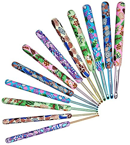 Aeelike Metal Crochet Hook Set - 12-Pack Pretty Patterned Design with Polymer Clay Easy-Grip Handle - 2.25-8.0mm for Beginners