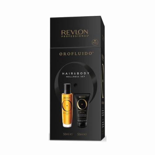 REVLON PROFESSIONAL OROFLUIDO HAIR & BODY WELLNESS SET, Precious Argan Oil Elixir (50 ml) & Moisturizing Body Cream (50 ml), für seidigen Glanz & Geschmeidigkeit, Geschenkset mit Argan-Öl, vegan