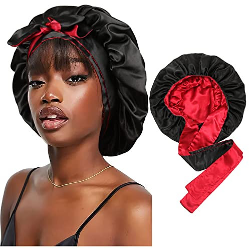 Satin-Haube, Seide, Schlafmütze, Haarhauben für schwarze Frauen, dehnbares Band zum Binden von lockigem Haar (schwarz + rot)