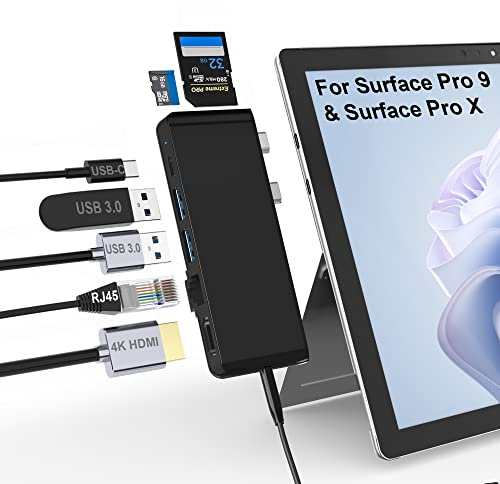 Surface Pro 9 Docking Station, Adaptador Hub para Surface Pro 9 con LAN de 100 Mbps, HDMI 4K, USB-C de 100 W, 2 USB 3.0, Audio de 3,5 mm, Lector de Tarjetas SD/TF para Microsoft Surface Pro 9/10/X
