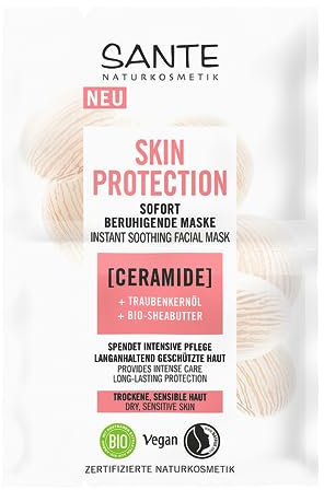 SANTE Naturkosmetik Skin Protection Máscara calmante instantánea con ceramidas, aceite de semilla de uva y manteca de karité orgánica, mascarilla hidratante facial, mascarilla vegana nutritiva para