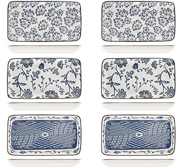 H&H Seta Set 6 Piatti Rettangolari, in Porcellana, Decori Assortiti, 11x20cm