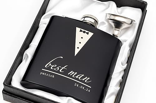 Engraved Hip Flask Gift Set, 6oz, Black/Silver, Personalized Design Options, Funnel Included (Suit Up!, 6oz Black)