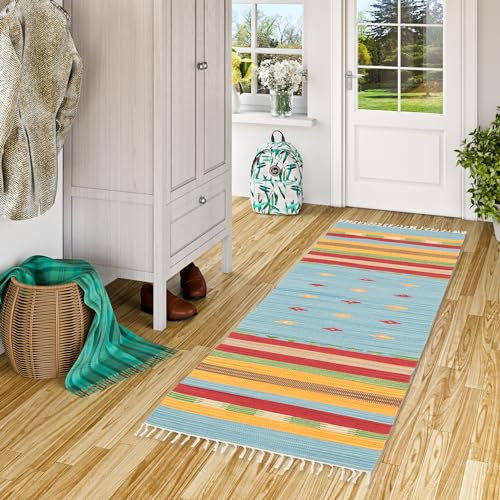 Pergamon Baumwolle Natur Kelim Teppich Läufer für Flur und Küche Lina Blau Stripes