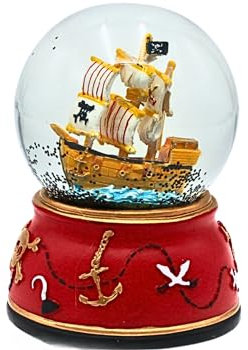 Sfera di neve con glitter con nave pirata e carico, base rossa con ancora e rugiada, con piastra girevole, melodia: sopra le onde, dimensioni: H/Ø ca. 12,2 x 8,8 cm