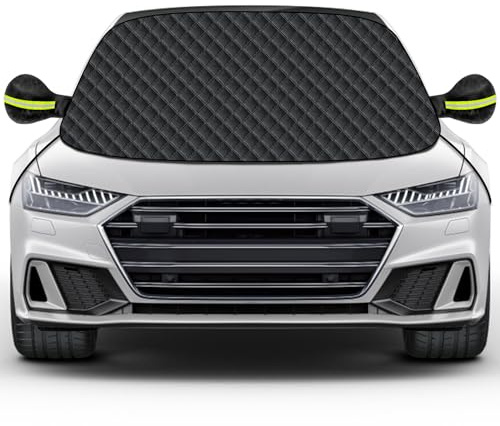 Mengine Car Windscreen Cover, Snow UV Ice Protection Car Windshield with 9 Hidden Magnets, Side Wing Mirror Covers & 2 Additional Hooks,Frost Guard Fit for Cars in All Weather (Black, 148×120cm)