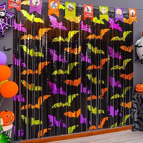 LOLStar Halloween Deko Party Dekorationen 2-Pack - Grün Orange Lila Fledermaus Muster Foto Kabine Props, 3.3 X 6.6 ft Folie Fringe Vorhänge, Foto Hintergrund Streamer