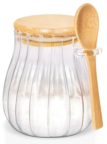 Quald 15oz Sugar Container with Bamboo Lid and Spoon,Sugar Bowl Glass Jar for Coffee Bar Accessories Coffee Canister Kitchen Decor (Medium)