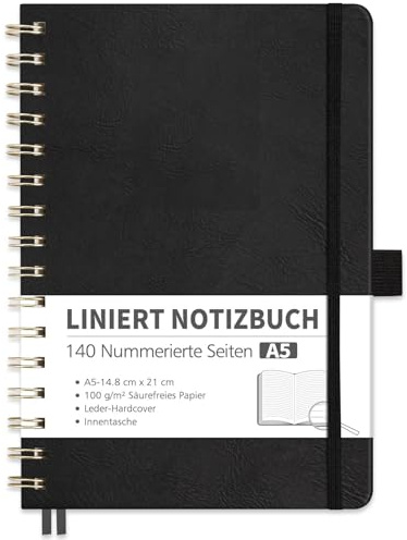 RETTACY Notizbuch A5 Liniert, Bullet Journal mit 100 g/m² Dickem Papier, 70 Blatt/140 Nummerierten Seiten, Collegeblock für Büro und Schule, Lederhülle, Schwarz, 14.8 cm x 21 cm