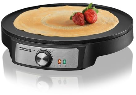 Cloer 6620 Crepera eléctrica, para crepas dulces o saladas con 29 cm Ø, 1200 W, revestimiento antiadherente, Incl. esparcidor de masa de madera y volteador, negro