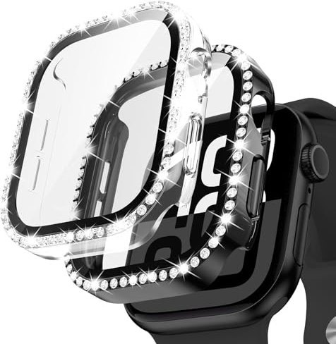 Neitra [2 Stück] Glitzer Diamanten Hülle für Apple Watch Series 11/10 42mm, Hart PC Bumper Case mit HD Gehärtetes Displayschutz Folie, Bling Schutzhülle Cover Smartwatch Zubehör für Frauen Mädchen