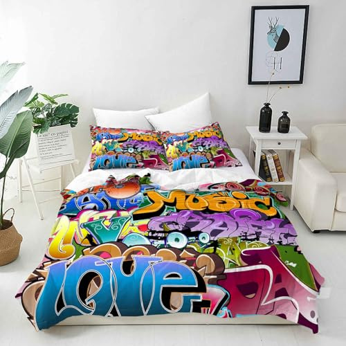 ANHOPE Housse de Couette Coloré Hippie Ville Graffiti Parure de Lit avec Fermeture Éclair 140x200 cm avec 1 Taies d'oreiller 65x65 cm Microfibre Literie pour Enfants Garçons Filles