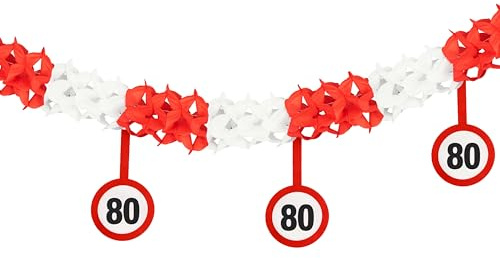 Tiwoca Deko zum 80. Geburtstag - rot-weiße Girlande mit Verkehrszeichen | 400cm lange, gebauschte Girlande aus Papier und Pappe mit 12 Schildern in Verkehrszeichen-Optik zum Aufhängen