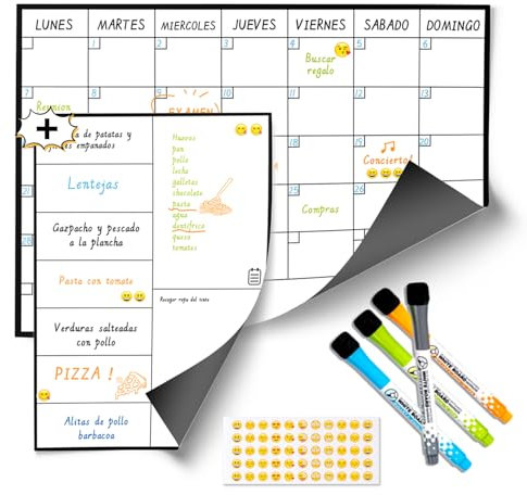 SB PACK Calendrier Magnétique Mensuel Pour Frigo A3 + Tableau Magnetique Hebdomadaire A4 + 4 Marqueurs Premium + 55 Stikers Aléatoires | Planning Frigo Magnetique pour Les Repas Familiaux