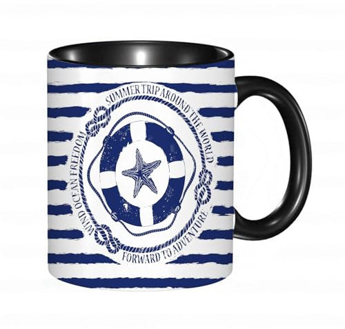 reyawdf Original Tasse mit lustigem Design,Blau-weißes nautisches Emblem mit Rettungsring und Seestern auf gestre,330ml, für Kaffee- und Teeliebhaber, als Geschenk für Weihnachten, Geburtstag und mehr