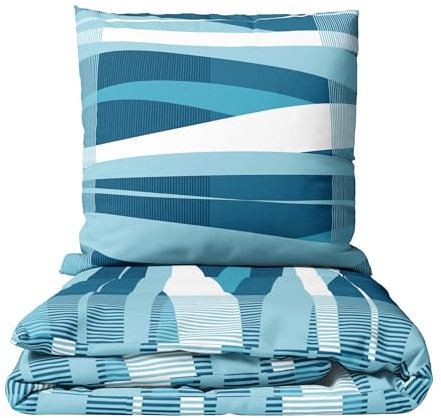 Leonado Vicenti Bettwäsche Winter Biber Set kuschelig warm gestreift 135x200 cm 80x80 cm Blau Türkis Reißverschluss 4 teilig