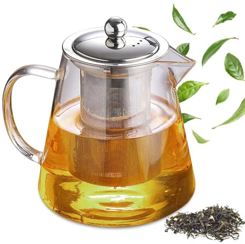Behogan Tetera de cristal, tetera de 1,3 L con colador, cristal de borosilicato, protección contra sobrecalentamiento, infusor de té para hojas sueltas, tetera de cristal, ideal para preparar té