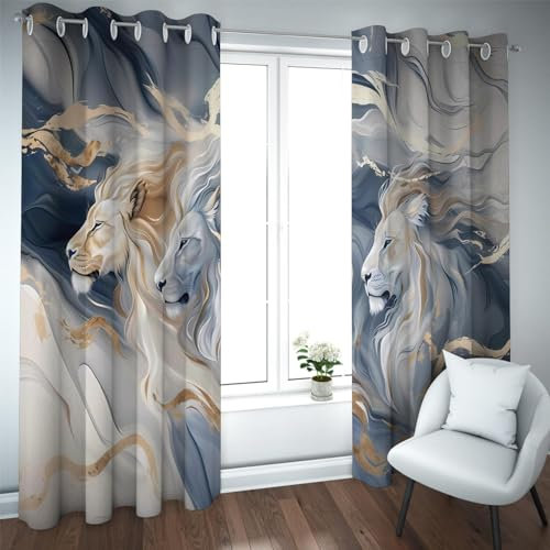 TOANGWALL Elegant Style Blackout Curtains for Sliding Glass Door Abstract Retro Texture Running Lion Pattern Eyelet Window Drapes 2 Panels W66xL108in