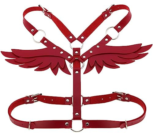 WQKRBMGU Arnés Pectoral De Cuero para Mujer Negro Punk Body Pecho Arnés Cinturón Ajustable Body con ala(Red)