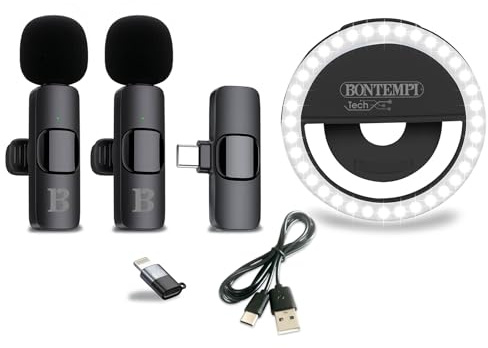 Bontempi | 2 Micrófonos Inalámbricos Lavalier con Ring Light | Compatible con smartphones, tabletas, ordenadores portátiles, PC