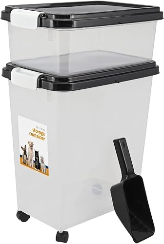 Home Beauty 3-Piece Airtight Pet Food Storage Container 50L Large Plastic Dog Food Bin with Measuring Scoop – Dry Cat Pet Animal Feed Dispenser – BPA-Free Locking Lid – (Black)