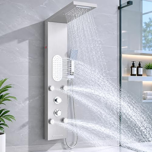 TVTIUO Brushed Stainless Steel LED Shower Panel Tower, 5 Function Spa Shower System with Rainfall, Waterfall & Body Massage Jets, Dual Rain & Waterfall Spa Bath Function for Bathroom