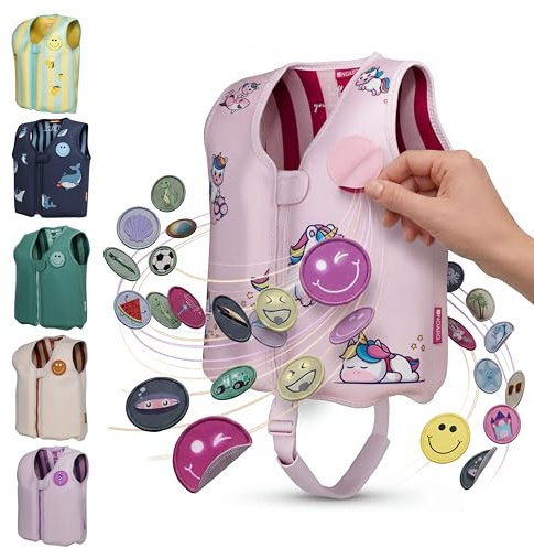 NOARD Kinder Schwimmweste (2-6 J. / 15-30 kg) Schwimmhilfe mit Schrittgurt | Wechsel-Patches für hohen Tragespaß | EN 13138-1:2021 | 8 herausnehmbare Schwimmkörper | weiches Neopren | Schwimmlernhilfe
