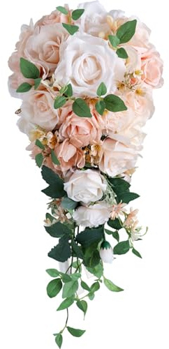 Uitndvyte Luxuriöser Seidenblumenstrauß in Tropfenform, zart, champagnerfarben, Tropfenform, Brautstrauß-Accessoire mit Blume, Hochzeitszubehör