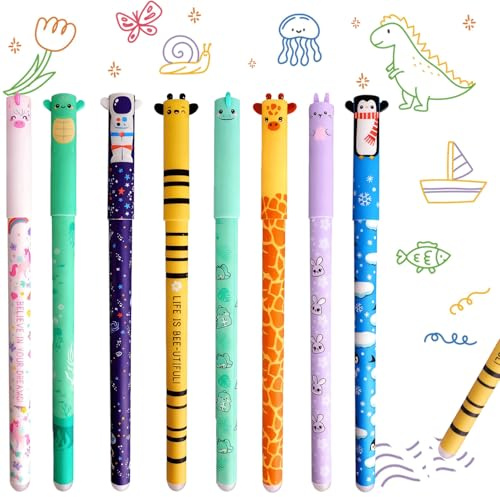 Canollo 8 Bunte Radierbarer Kugelschreiber, 0,5 mm Spitze, Cartoon-Tiere | Gelschreiber radierbar, Kugelschreiber mit Radiergummi, mehrfarbige Tinte, Wechselminen, Schule, Notizen, Zeichnen
