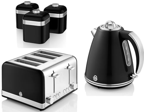 Swan Retro Black Kitchen Set including 1.5L 3KW Jug Kettle, 4 Slice Toaster & Tea, Coffee & Sugar Canisters. Classic Retro design Matching Set in Black with Chrome Accents