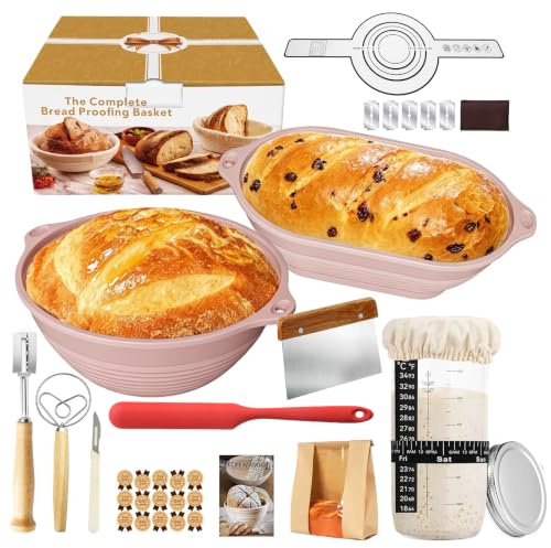 Msiud Sauerteig Starter Set, 22,5 Rund 24 Oval Gärkörben 750ml Gärglas | Sauerteigbrot Gärkorb, Zubehör Liner Abdeckungen Backmatte Spülmaschinenfest Brot Backen Anfänger Erfahrener Bäcker