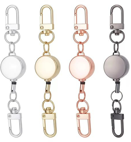 Retractable Key Ring, Double Hook Keychain Leash, Badge Reel Clip Holder, Stretchable Hanging Lanyard with Carabiner Hook, Stretchy Lanyard with 13’’ Rope for Id Card Holders Travel Work (4 PCS)