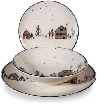 H&H Servizio Tavola 18 Pezzi Warm Wishes in Stoneware Decorato – Stile Invernale e Natalizio – Piatti Beige e Mocha con Casette e Alberi – Lavabile in Lavastoviglie, Microonde – Ø 26, 20,5, 20 cm