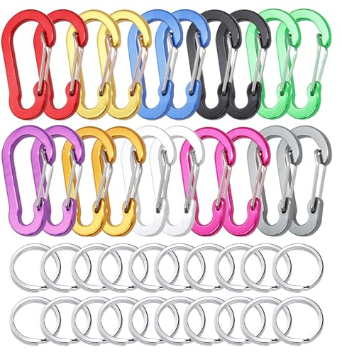 Tbintul 20x Karabinerhaken Klein mit 20x Schlüsselring Aluminium Karabiner Schlüsselanhänger 10 Farben