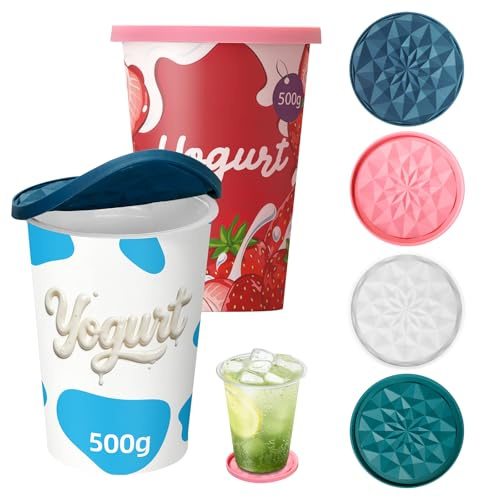 Yoghurt Pot Lids ONLY Fit 9.5cm Diameter Pots Reusable Silicone Large Tops, for 9.5cm Yogurt, Cream Pots (Multicolor, 4)