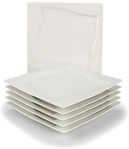 Festa Italia 6-Tlg Speiseteller aus Porzellan - 25 cm - Essteller Set 6 Personen - Weiß Flache Teller - 6 Stück Groß Quadrat Teller - Moderne für den Alltag und besondere Anlässe