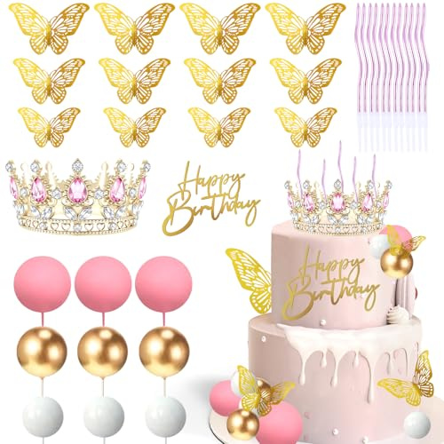 Morofme Rosa Diamant Krone Tortendeko 35 Stück, mit Acryl Karte „Happy Birthday“ Cake Topper, Tortendeko Kugeln 3D Blitz Schmetterlings Prinzessin Krone für Torte für Hochzeit Geburtstag Thema Party