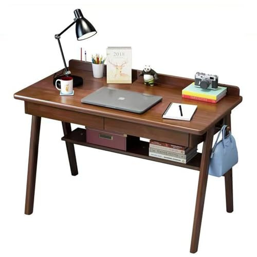Mid Century Modern Solid Wood Writing Desk - Home Office Workstation with 2 Drawers, Shelves & Hooks for Small Spaces (Walnut color, 100 * 60 * 75cm)