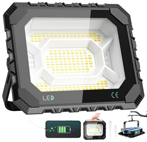 Adewalk 80W LED Baustrahler Akku Solar Arbeitsleuchte Tragbare, 10000LM 8000mAh Akku Arbeitsleuchte USB-Wiederaufladbar, 5 Lichtmodi, Campinglampe Tragbar im Freien für Notfälle, Baustelle, Camping