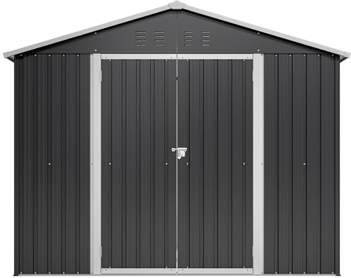 Gartenhaus aus Stahl 240x192x191cm, Geräteschuppen mit 2 Schiebetüren, 4-Fach Belüftung, Sturmfest bis 18 m/s, Schwarz, Abschließbar