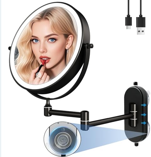 Espejo de Maquillage de Pared con Ventosa, 1/10X Aumento, 2000 mAh Recargable Espejo Iluminado de Maquillaje con Ventosa, 360°Rotación para Baño, Espejo de Pared Negro