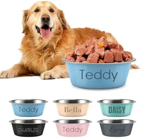 Personalised Pet Bowl with Name – Stainless Steel Dog Water Bowl, Double Reinforced Cat Feeding Dish with Non-Slip Bottom – Engraved Dog & Cat Durable (Blue)